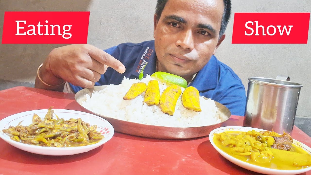 eating show!!spicy small fish fry with fish curry rice!!akshay eating ...