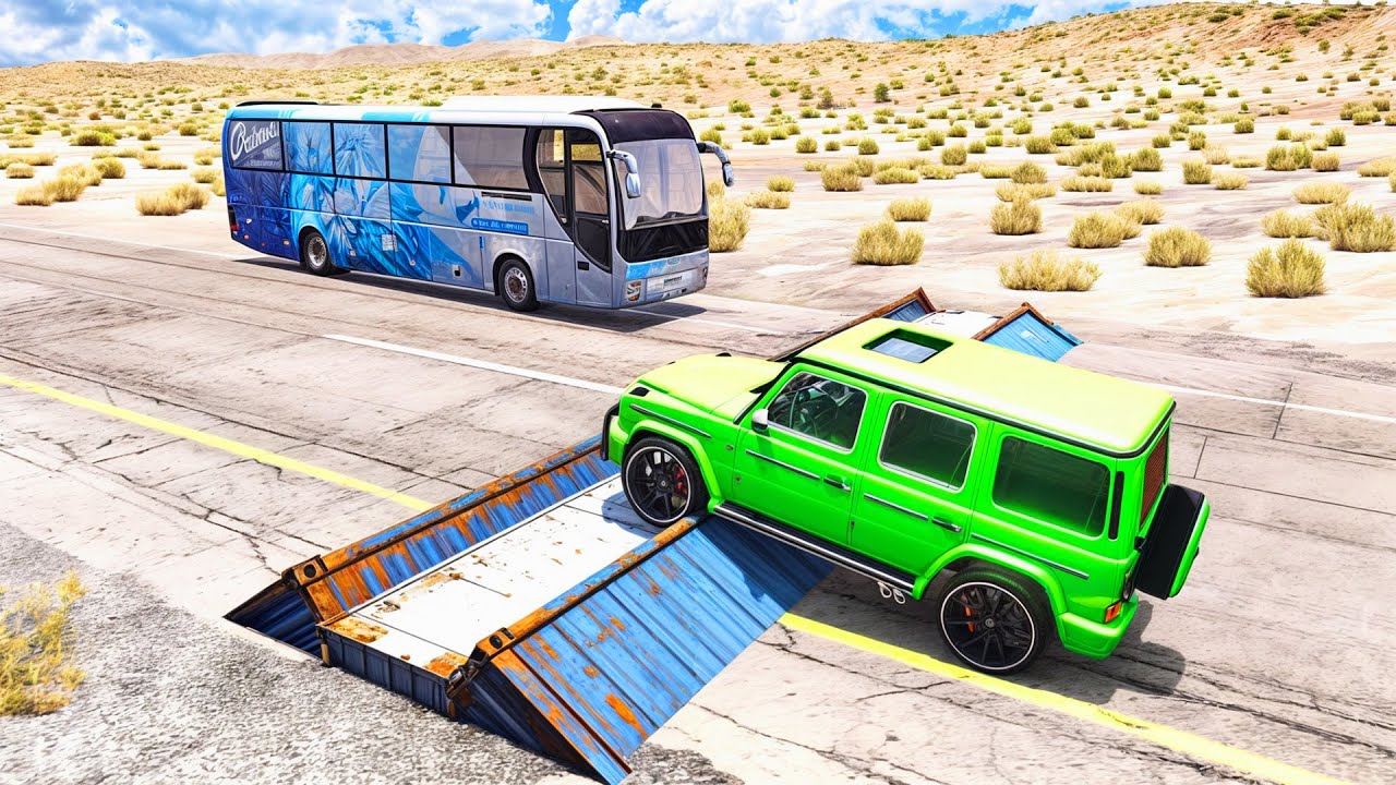 HT Gameplay Crash # 83 | Bus & Cars vs Container Speed Bumps vs Giant Pit Deep Water