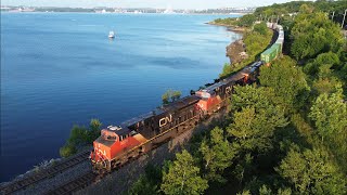 Awesome Aerial 4K View! Long Stack Train CN 121 Rounding the Curve at Birch Cove, NS near Pace Yard