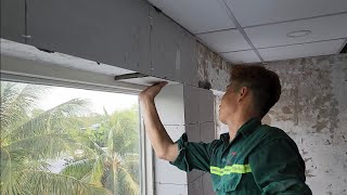 thi công ốp gạch treo đà dầm cửa sổ #770 Construction of hanging tiles next to the toilet