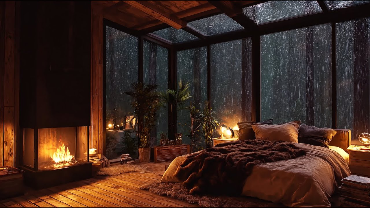 Rainy Night in a Cozy Bedroom – Fireplace & Rain Sounds for Deep Sleep ...