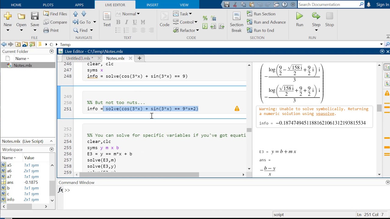 Using The Solve Function With Symbolic Algebra In Matlab With Live Script