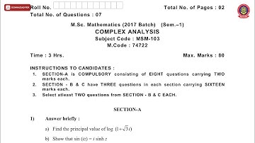 MSC MATHEMATICS 1ST SEM COMPLEX ANALYSIS MAY 2019 | PTU