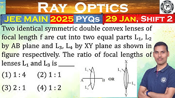 Two identical symmetric double convex lenses of focal length f are cut into two equal parts L₁, L₂