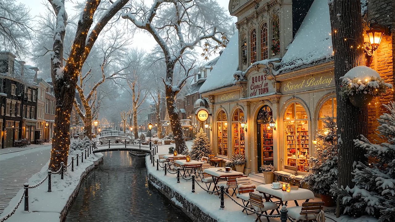 Smooth Jazz Playlist ❄️Snowy Canal Bookstore & Café in a Cozy European Old Town | Warm Evening Vibes