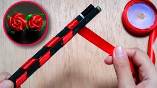 Amazing ribbon flower trick / easy rose making  with pencils /ribbon flower crafts ideas