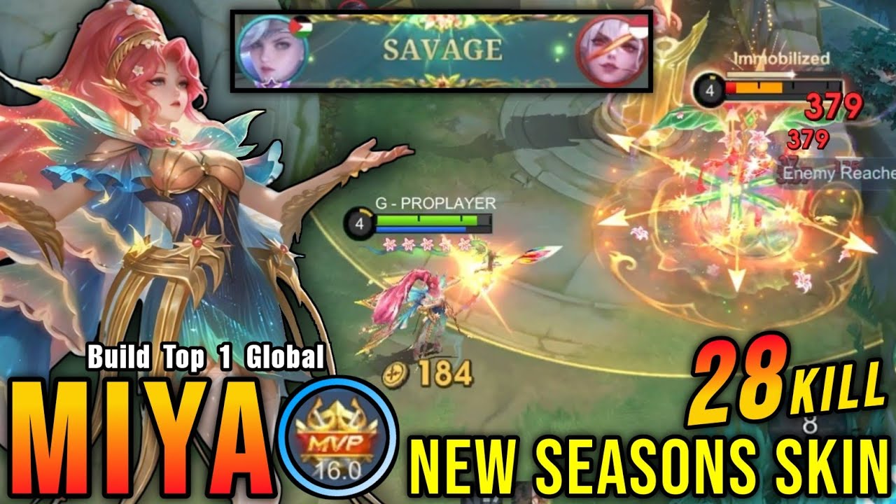 28 Kills + SAVAGE!! Arrow of Spring Miya New SEASONS Skin!! - Build Top 1 Global Miya ~ MLBB
