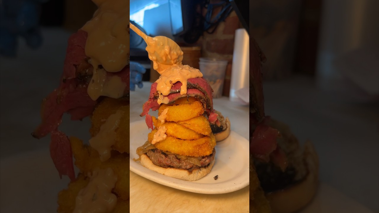The DEVOUR TOWER PASTRAMI ONION BURGER from Lido Kosher Deli on Long Island, NY! 🍔🧅🔥 #DEVOURPOWER
