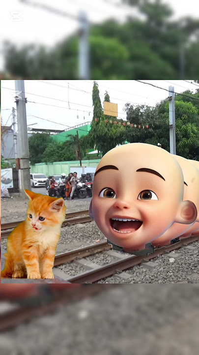 anak kucing kaget ada kereta api kepala Upin ipin