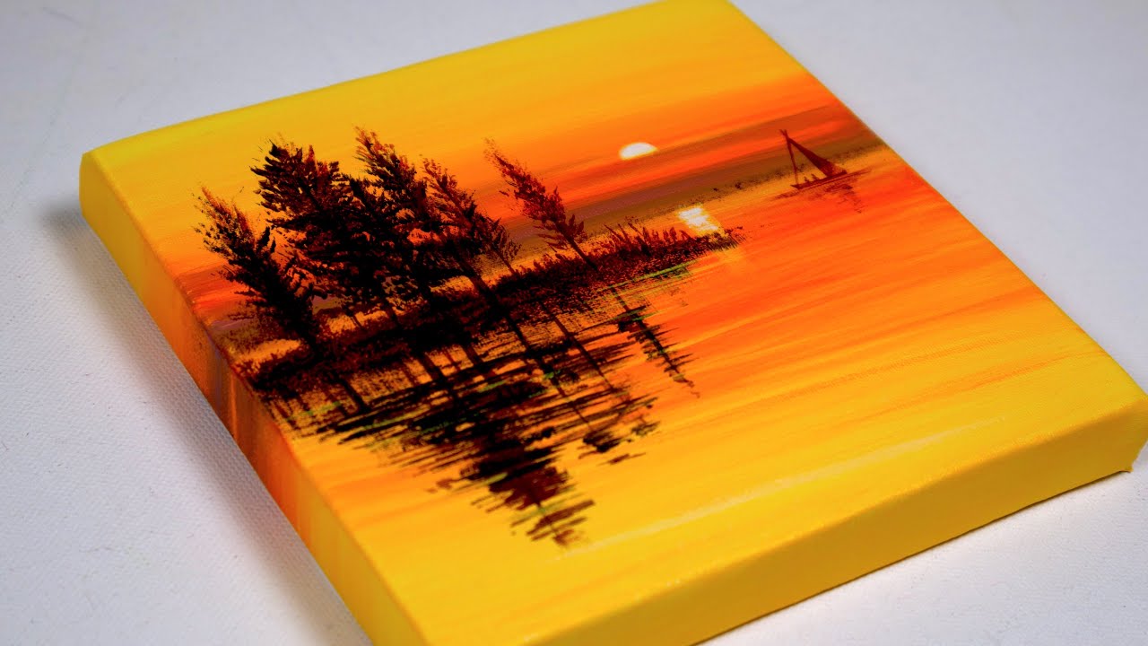 Mini Canvas painting | Sunset Painting for Beginners | Acrylic ...