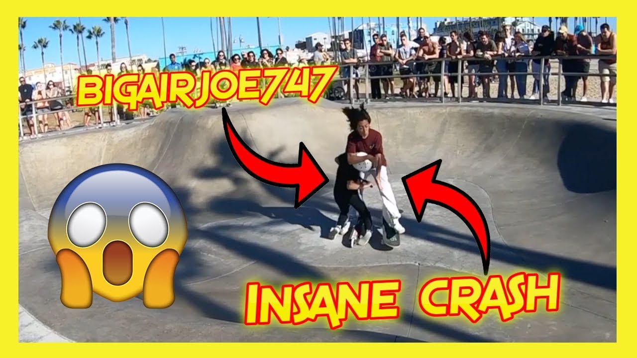 Insane Crash At Famous Venice Beach Skatepark!!!! Scooter Vs Skateboarder