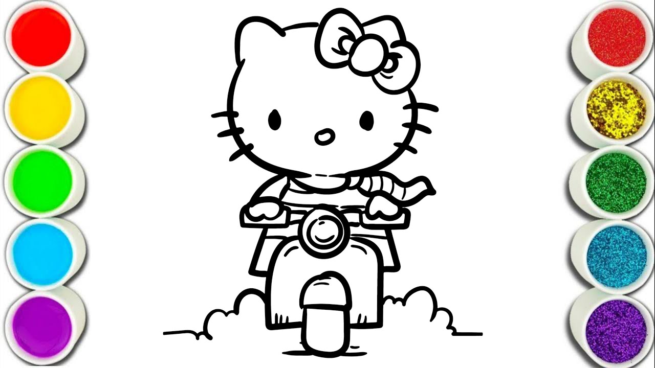 Hello Kitty On Scooter Easy Drawing, Painting & Coloring For Kids and ...