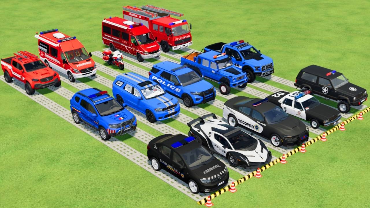 TRANSPORTING POLICE CARS, AMBULANCE, FIRE TRUCK, COLORFUL CARS WITH TRUCK  -FARMING SIMULATOR 22!