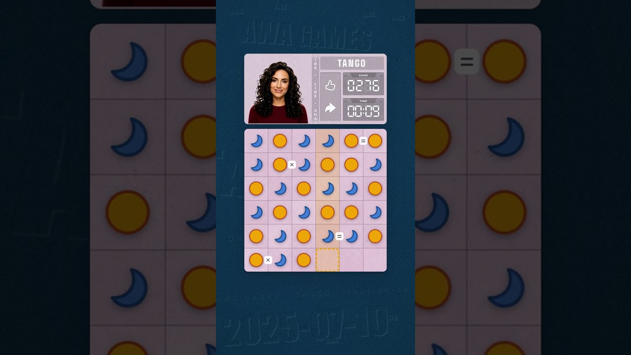 LinkedIn Tango #276 solved board for July 10, 2025, 6x6 grid