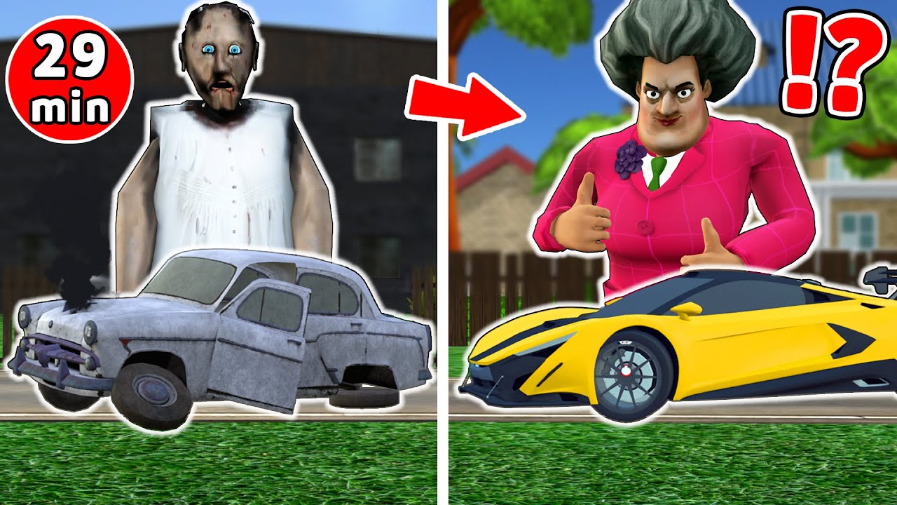 Granny vs Scary Teacher 3D || WHO HAS THE COOLEST CAR ?! - funny horror animation (fun mix 5)