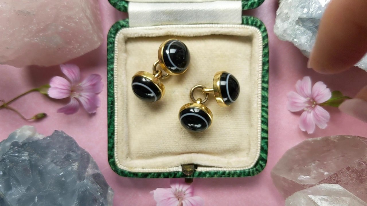 Antique 18ct Gold Banded Agate Cufflinks 