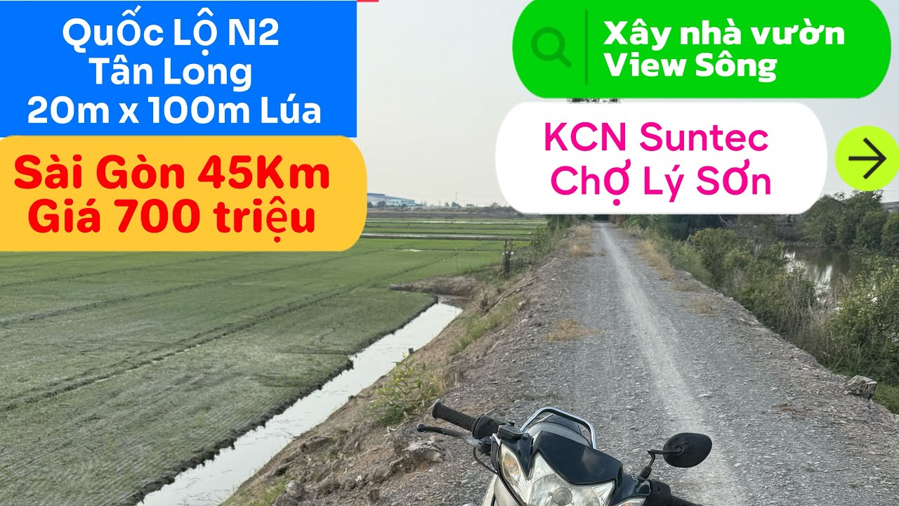 Tập515:Đường Quốc LộN2 Vào Đường Bờ Kênh Đá Xanh,20m x 100m Lúa,Giá 700 trieu-Xây nhà vườn View sông