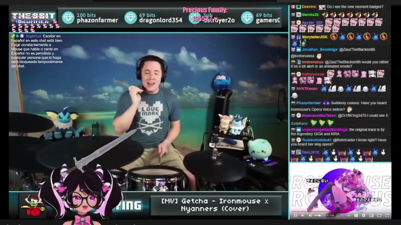 Ironmouse reacts to The8BitDrummer playing [MV] Getcha - Ironmouse x Nyanners (Cover)