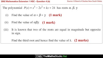 2002 Maths Extension 1 HSC Q4b Find sums & products of roots of cubic polynomial P(x)=x³-2x²+kx+24