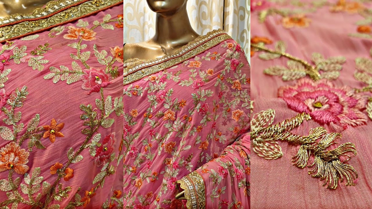 AB-179 Elegant Floral Designer Saree || Embroidery Work || Zari Work || Aairah Boutique