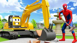 Broken Fountain! Spiderman & Excavator, Dump Truck, Grabber, Mixer Truck Fix Pipe | Heavy Machinery