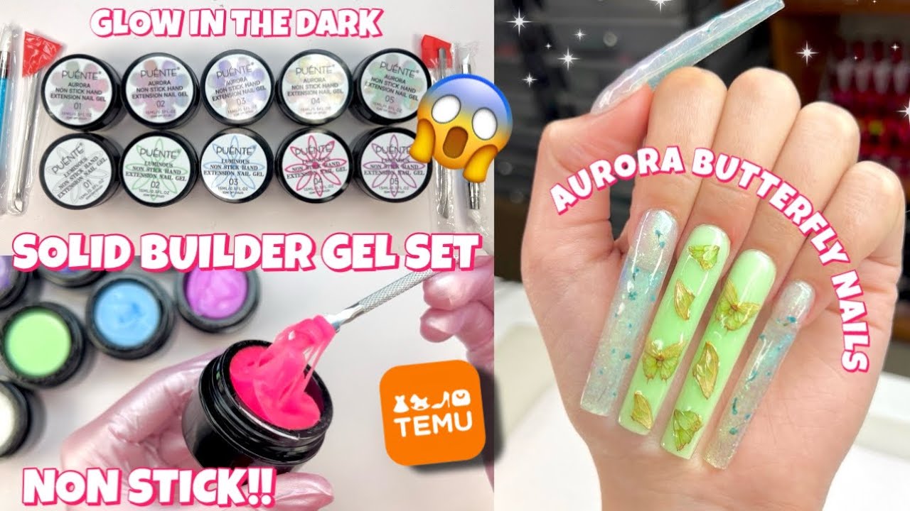 TRYING NON STICK SOLID BUILDER GEL KIT FROM TEMU | AURORA & LUMINOUS COLLECTION | BUTTERFLY NAILS