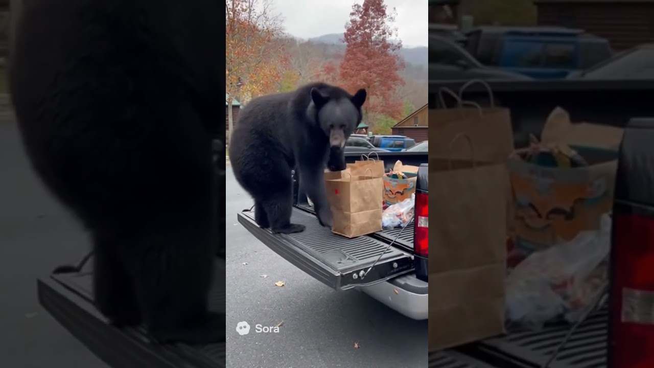 Смелый медведь в Гатлинбурге, штат Теннесси, брал еду прямо из кузова грузовика.