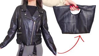 upcycling an old leather jacket into a bucket bag - step by step clothing transformation tutorial