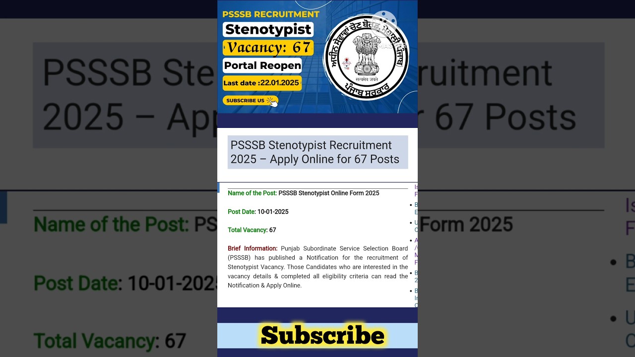 PSSSB Steno Typist Recruitment 2025 