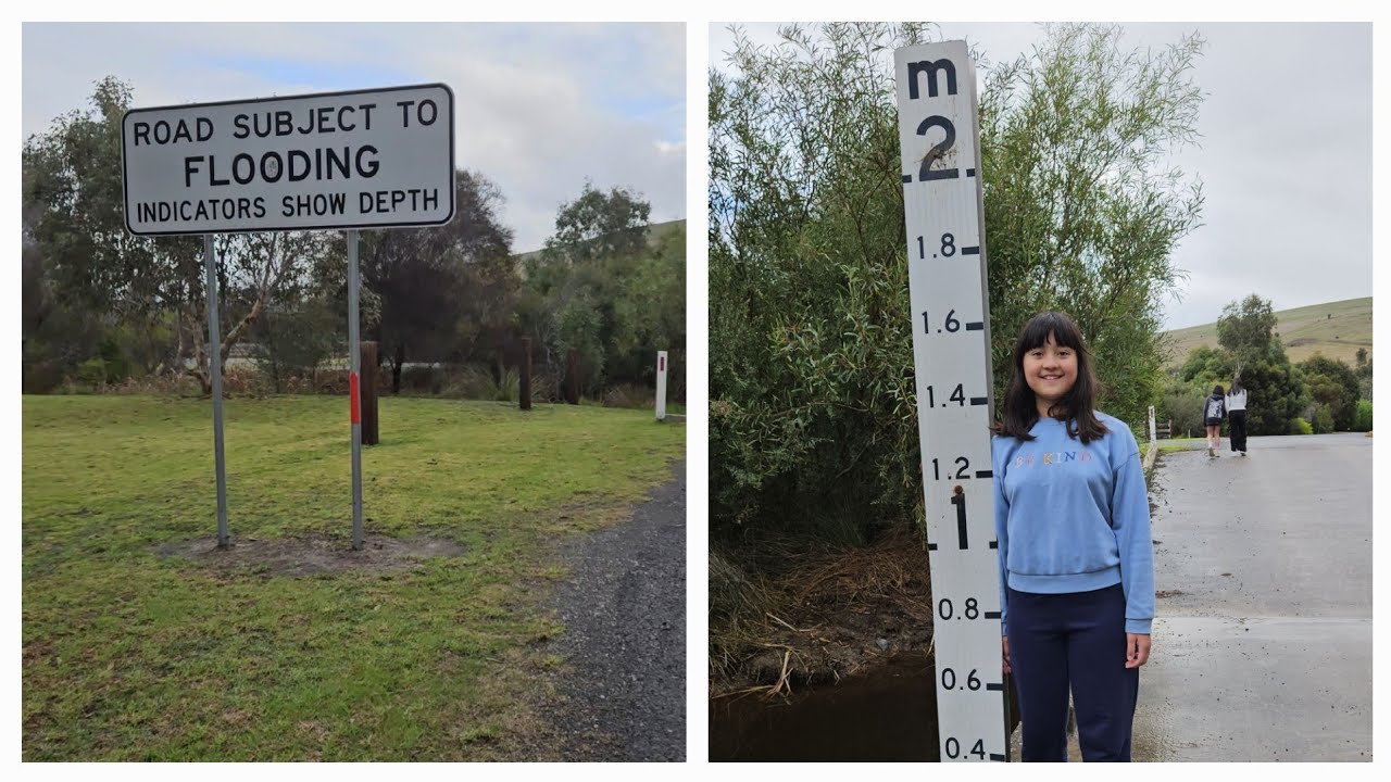 Stephanie stood next to the flood water depth indicator sign - YouTube