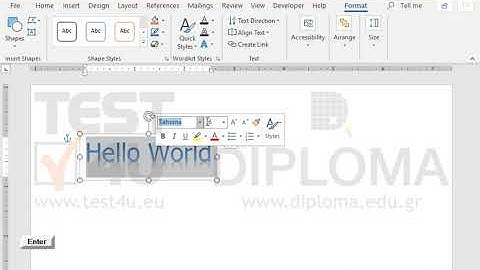 Insert a WordArt design using the text Hello World, font 32pt Tahoma, in Triangle Down transform...