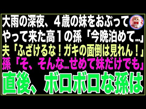 【スカッと】大雨の深夜、高１の孫がやって来て「妹に夕飯を…泊めてやって下さい」おんぶでの妹を私に託し、走り出す孫に夫「ふざけるな！ガキの面倒は見れん！」鬼の形相で夫は孫を追いかけ孫は…【感動