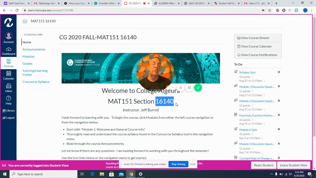 CANVAS tour of MAT151 16410 with Jeff Burrell