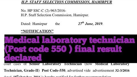 HPSSC medical laboratory technician (Post code 550 ) final result declared