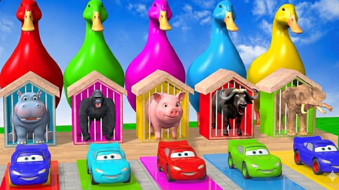 Long Slide Game With Elephant Gorilla Buffalo Hippopotamus Tiger - 3d Animal Game - Funny 3d Animals