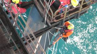 Industrial Rope Access inspection of risers under North Alwyn, North Sea.