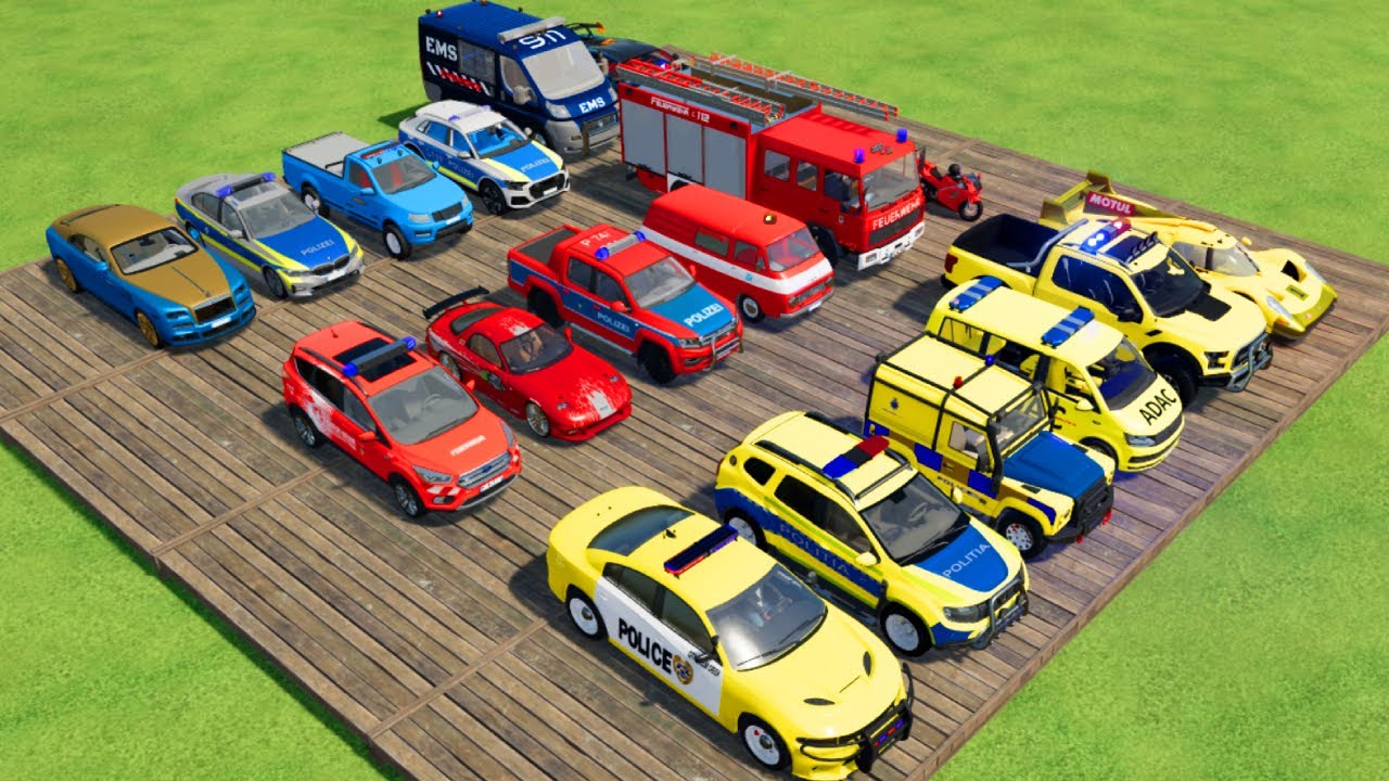 TRANSPORTING CARS, AMBULANCE, POLICE CARS, FIRE TRUCK OF COLORS! WITH TRUCKS! - FS 22