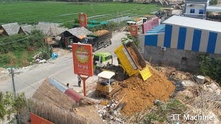 Full Action Filling Land & Clearing Trash Into Water By Team Dump Trucks 5T & Bulldoze Pushing Stone