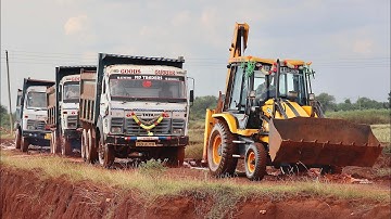 JCB 3dx Xpert Loading Red Mud in 3 TATA 2518 Tipper For Making Fishing Farming Pond