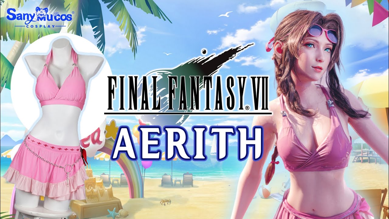 【SanyMuCos】Final Fantasy VII Aerith Gainsborough Swimsuit Cosplay Costume Plus Size Detail Show