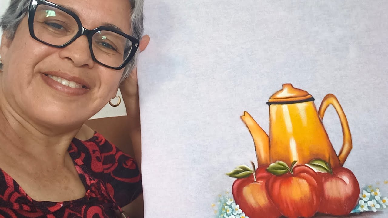 Como pintar bule amarelo com maçãs, apostila chaleiras e bules. #seinscreve 