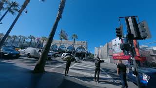 a ladyboy is heaven having fun on the street in Hollywood and dancing around lame post and freeze