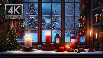 Christmas Window Scene Ambience, Blizzard Sounds, Falling Snow and Crackling Fire