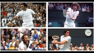 Ken Rosewall, John Newcombe, Jimmy Connors, Rog Taylor, B Borg and others warming-up on grass courts