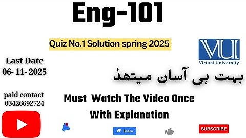 ENG101 - ENG101 - English Comprehension (Quiz 1) 💯 Percent Correct Paid Whatsapp 03426692724