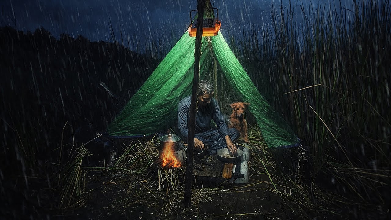 One Night Survival Camping With my Loyal Dog | DIY Raft & Survival Fishing and Cooking!