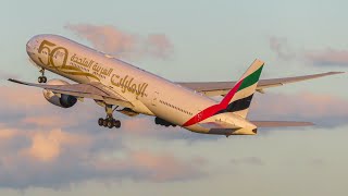 Emirates 50th Anniversary livery 777 takeoff at Auckland