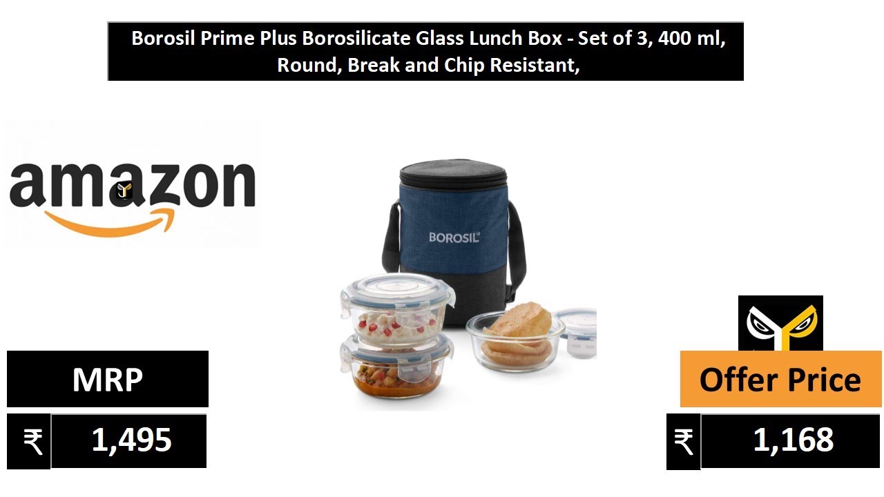 Borosil Set of 3 Pcs Prime Glass Lunch Box Of 400 ML Each Are Microwave  Safe