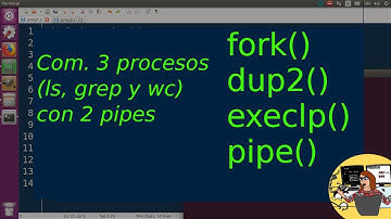 Comunicar 3 procesos (ls, grep y wc) usando 2 pipes, fork(), dup2(), execlp(). Programar en C, Linux
