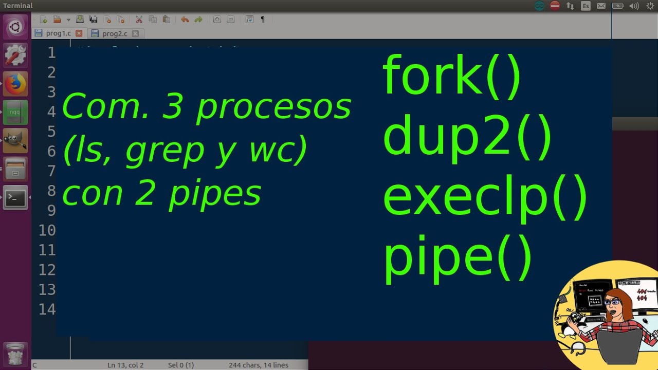 Comunicar 3 procesos (ls, grep y wc) usando 2 pipes, fork